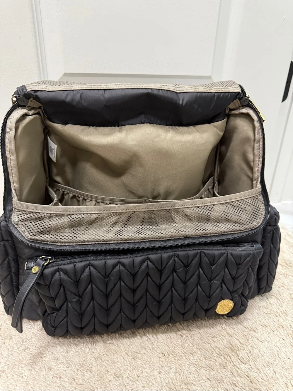 HAPP Levy Backpack - Black Quilted Puffer Backpack with Braided Panels